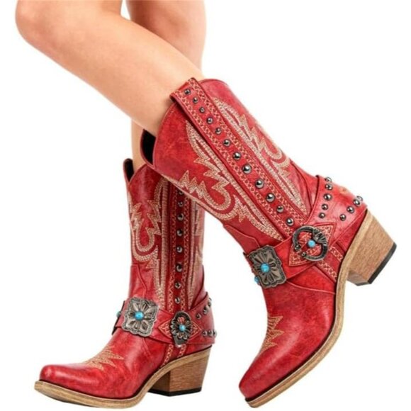 ⚡Women's Red Ankle High Embroidery Pointed Toe Cowgirl Western Boots Pull On - Picture 4 of 6
